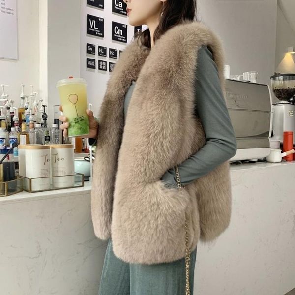 

women 2021 winter new fashion faux fur coat female waistcoat gilet jacket fake fur vest fluffy solid color for ladies b178, Black