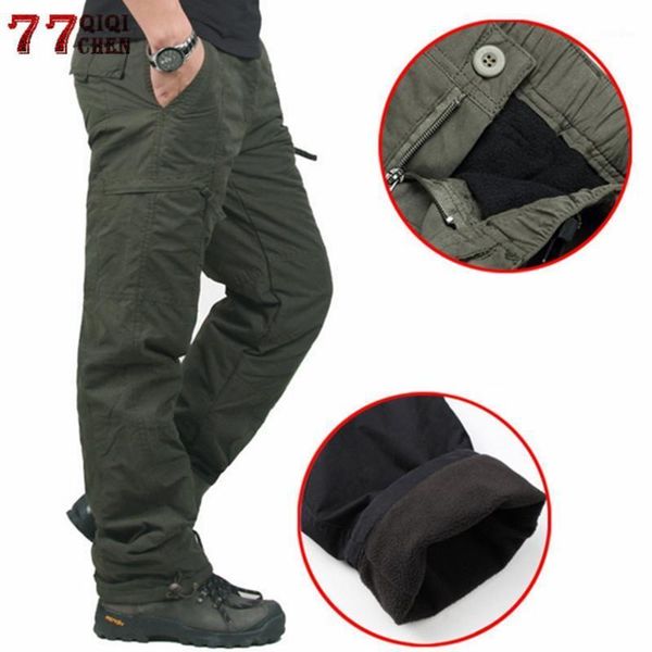 

men's winter double layer cargo pants overalls thick warm baggy cotton rip-strousers male tactical fleece pants1, Black