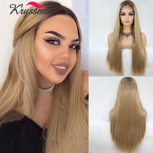 

lx brand straight honey blonde lace front wig long blonde synthetic wigs for women brown straight natural wig heat resistant hairfactory dir, Black