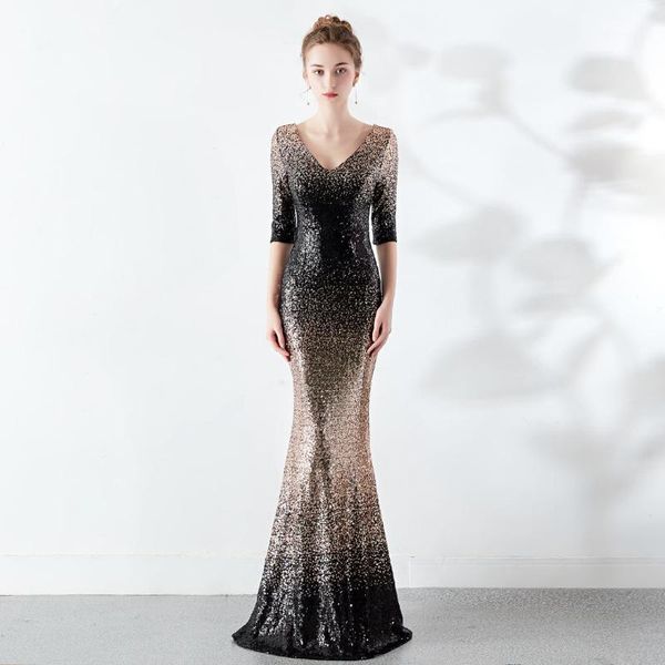

black & gold sequin v neck half sleeve mermaid luxury party dresses women evening elegant long dress club wear robe femme1, Black;gray