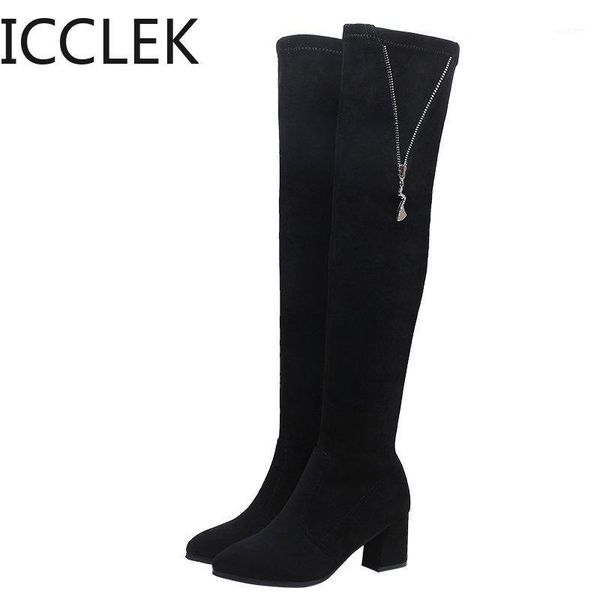 

boots 2021 fashion warm women winter over the knee heels quality suede long comfort square botines mujer thigh high boots1, Black