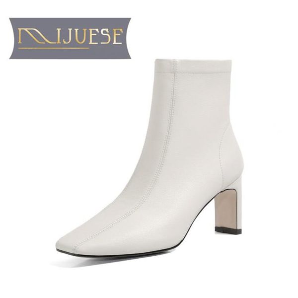 

mljuese 2021 women ankle boots cow leather winter short plush square toe zipper high heels female boots size 42, Black