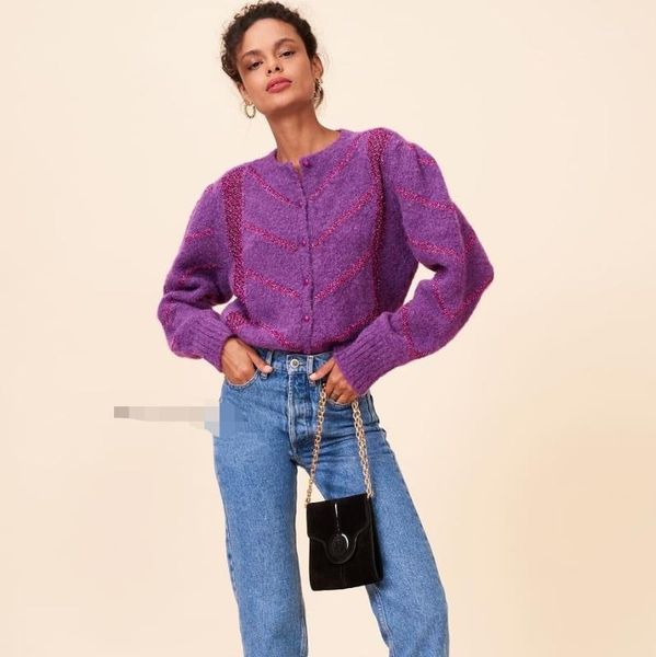 

2020 spring new mohair puff sleeve women loose purple cardigans coat1, White