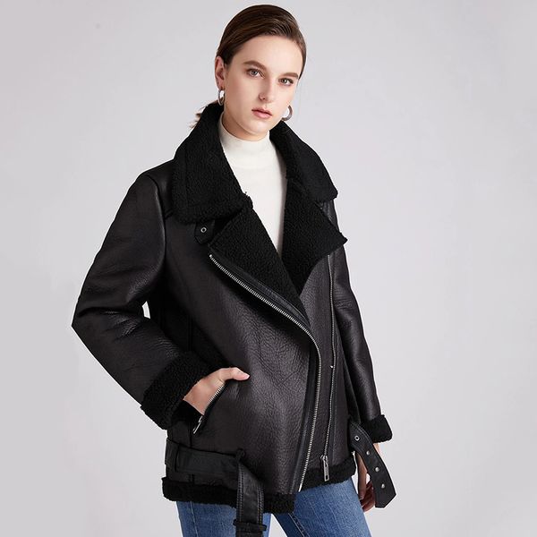 

2021 new women winter lambs wool fur collar jacket warm thick outerwear faux leather coat moto outwear oinj, Black