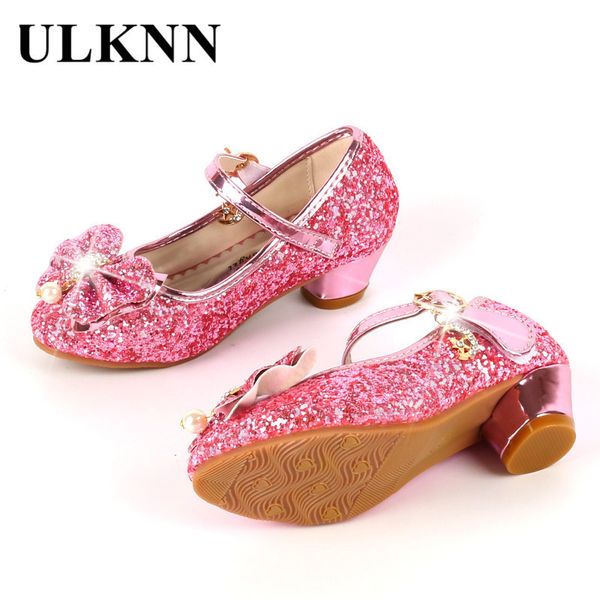 

leather casual ulknn for flower princess kids glitter children high heel girls shoes butterfly knot blue pink silver, Black;red