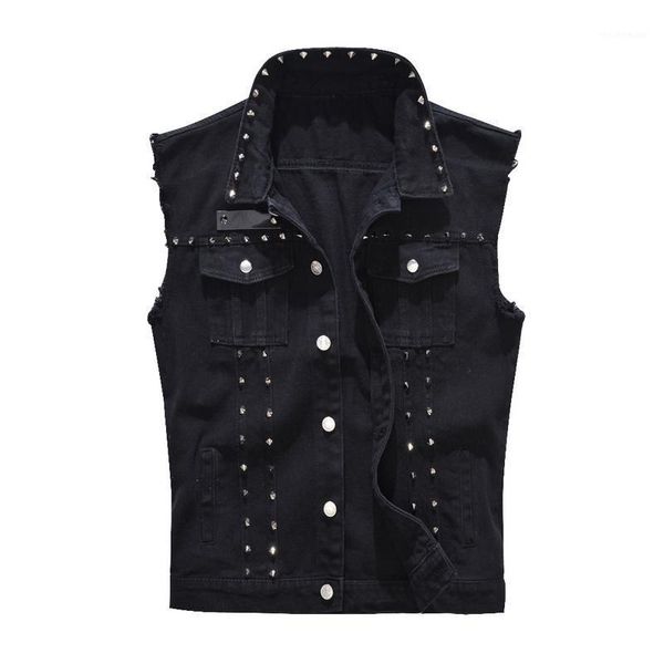 

2020 denim vest men punk rock rivet cowboy black jeans waistcoat fashion men motorcycle style sleeveless jeans jacket1, Black;white