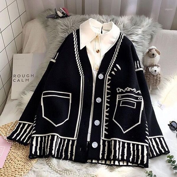 

2021 new korean chic painted cardigans spring autumn loose knitted swteaters women v-neck single breasted femme jackets1, White