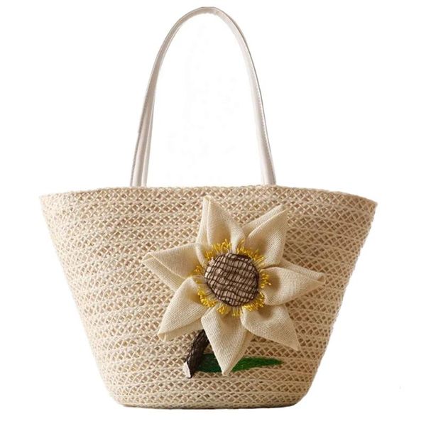 

summer ladies straw bag pure hand made woven lovely big flower decoration handbag new ladies shopping travel tote bag