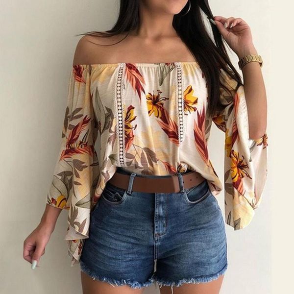 

women's blouse boho floral print slash neck flare sleeve women shirts off shoulder beach summer blouse plus size 20201, White