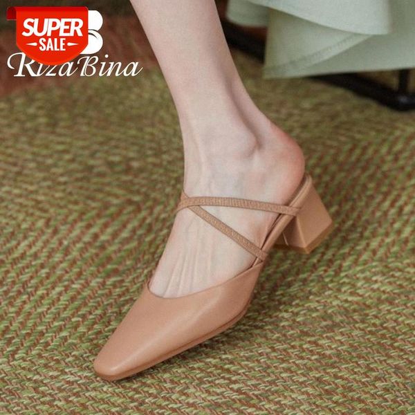 

rizabina size 33-43 real leather women sandals pointed toe summer shoes woman home slippers fashion thick heel footwear #zx95, Black