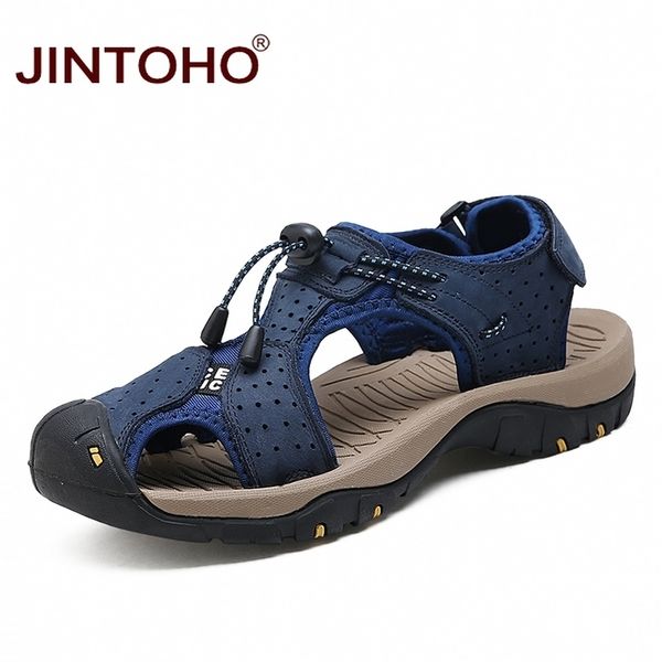 

jintoho summer mens fashion flat for genuine leather men beach sandals shoes t200420, Black