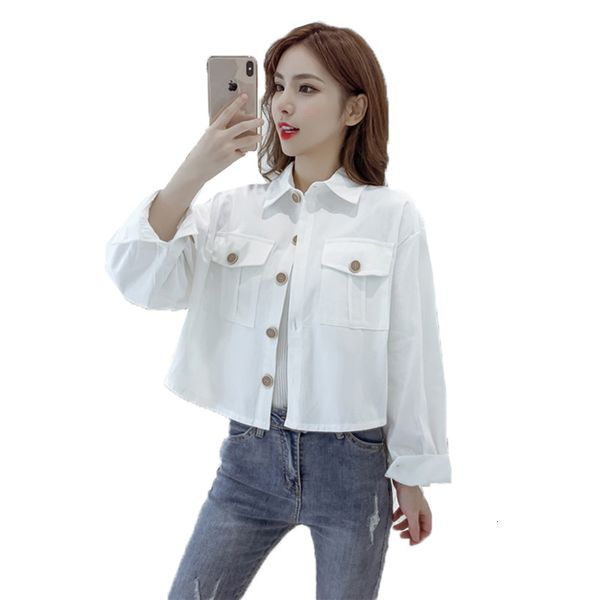 

2021 new thin coat jacket spring female shirt white sleeve single breasted short outerwear 4jp1, Black;brown