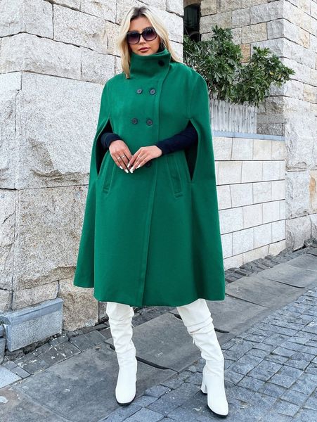 

double breasted cloak sleeve overcoat h97w#, Black