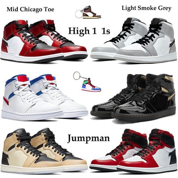

shoes jumpman 1 basketba 1s with keychain light smoke grey mid chicago toe satin snake men women trainers white red royal sneakers x076, Black