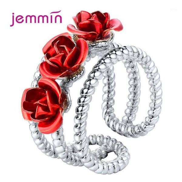 

925 sterling silver rings for women two styles for choice sweet red rose flower size resizable rings, Golden;silver