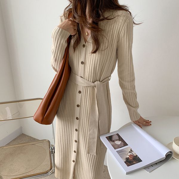 

2020 autumn new korean bandage single breasted body knitted cardigan dual purpose dress