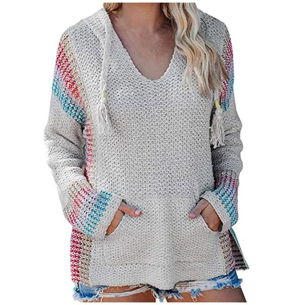 

women's sweaters 2021 autumn v-neck patchwork hooded sweater women casual long sleeve knitted winter elegant pullover jumpers, White;black