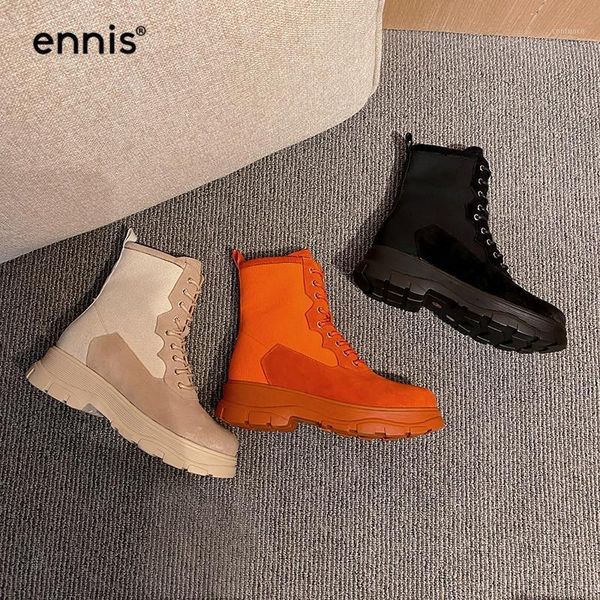 

ennis cow leather suede boots women retro boots platform lace up ankle canvas orange shoes autumn winter new a01371, Black