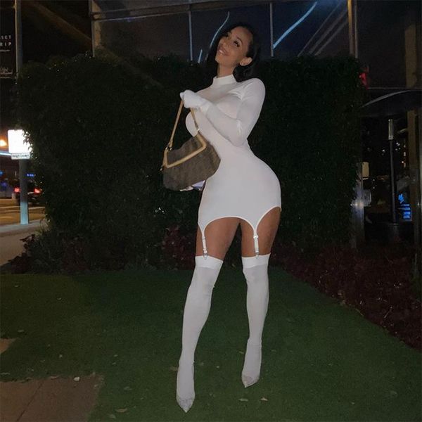 

kilou solid bodycon elastic women mini dresses with stockings long sleeve clubwear skinny party dress autumn 2021 hot, Black;gray