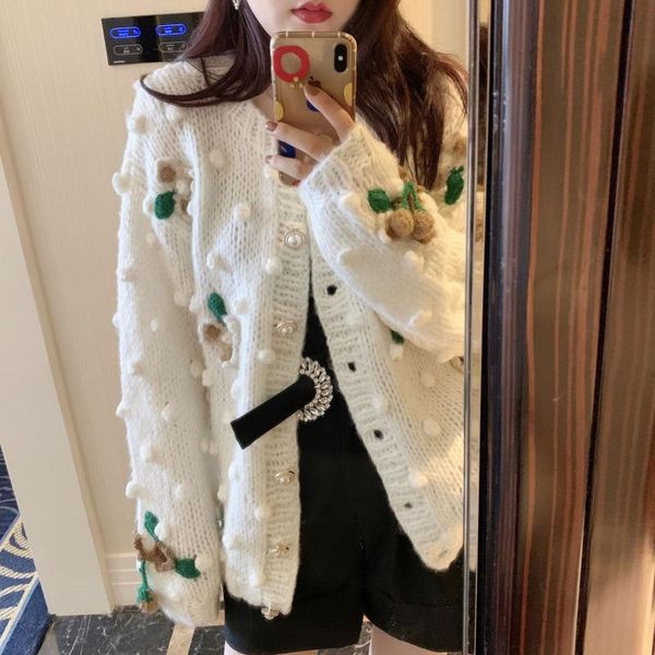 

superaen autumn and winter new vintage handmade crochet sweet appliques ball sweater women cardigan jacket, White