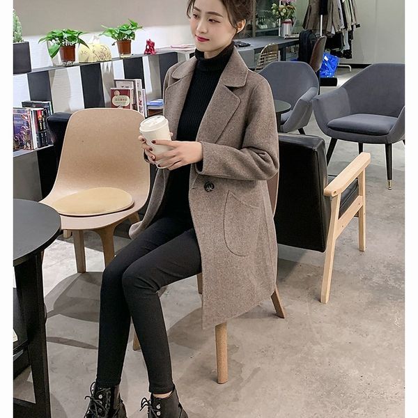 

2021 shortheight wrapping women's new korean style autumn and winter temporary off mid-length wool coat wopl, Black
