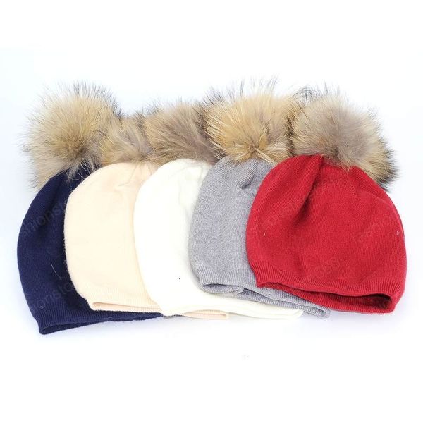 

comfortable knitted womens cap wool content 80% and winter warm life hat with fur pompon double thick fur pants casual hat, Blue;gray