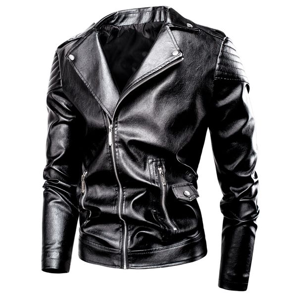 

2021 new autumn new casual moto biker jacket coat fashion vintage outwear zip distressed faux leather jackets men uc4i, Black