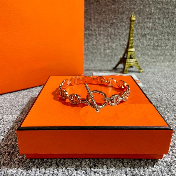 

famous brand h buckle pig nose lady bracelet designer asian gold 925 silver bracelet hip hop style bracelet ladies jewelry original box, Golden;silver