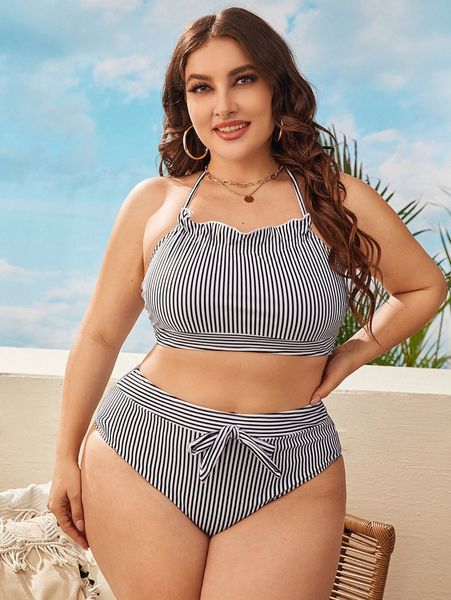 

plus striped halter bikini swimsuit w9wr#, Black
