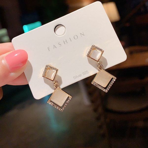 

south korea temperamental popular internet celebrity minimalist frosty style earrings 925 silver opal diamond geometric square earrings, Golden