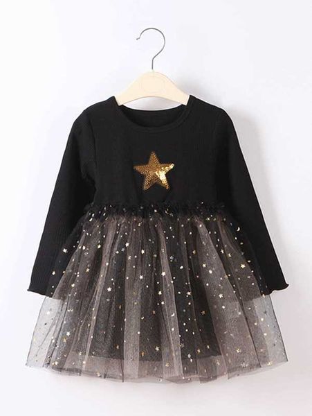 

little girl stitched star sequin mesh hem dress she, Red;yellow