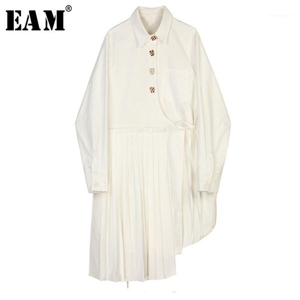 

eam] women white pleated bandaeg irregular shirt dress new lapel long sleeve loose fit fashion tide spring autumn 2020 1x7551, Black;gray