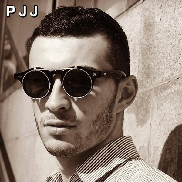 

jackjad 2020 fashion vintage round steampunk flip up sunglasses classic double layer clamshell design sun glasses1, White;black