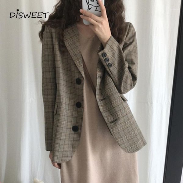 

korean plaid long sleeve suit woman retro suit collar single-breasted slim ladies simple autumn big pocket women1, White;black