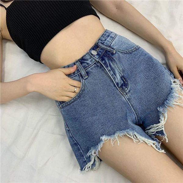 

solid women loose shorts fashion high waist tassel female straight denim shorts 2021 summer casual zipper pocket jeans1, White;black