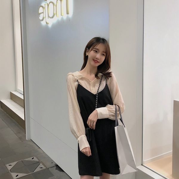 

iwfnb clothes casual new and summer and autumn new early 2020 women's dress graceful skirt hiding flesh slimming clothing two-piece sui, Gray