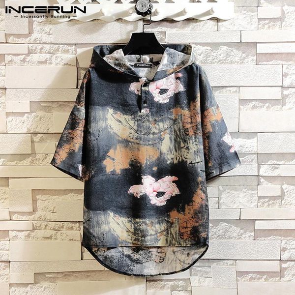 

incerun men vintage printed shirts hooded half sleeve shirt casual loose buttons pullovers man cotton thin sweatshirt s-3xl1, White;black