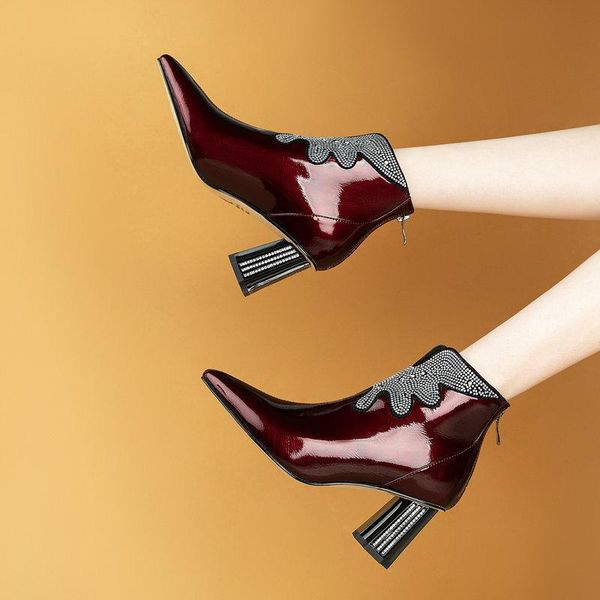 

boots elegant women rhinestone genuine leather high heels autumn and winter shoes woman wedding ankle size 41 42 43, Black
