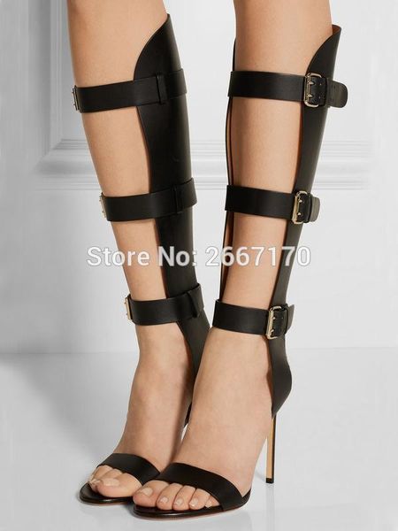 

bota feminina white black leather summer shoes woman open toe gladiator sandals buckle strap women knee high boots thin heels1