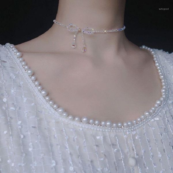 

chokers davini shiny bowknot necklace crystal beaded choker necklaces handmade elegant jewelry for women female fashion gifts mg2741, Golden;silver