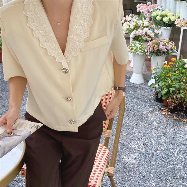

lace v neck women shirts lapel short loose suit collar shirt, White