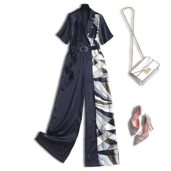 

women color block jumpsuits summer 2020 geometric print chiffon short sleeve notched collar wide leg jumpsuit blue1, Black;white