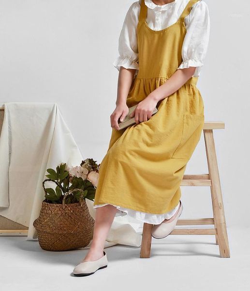 

2020 solid cooking kitchen apron for woman female bib cotton linen dress cafe florist bbq aprons kitchen accessory1
