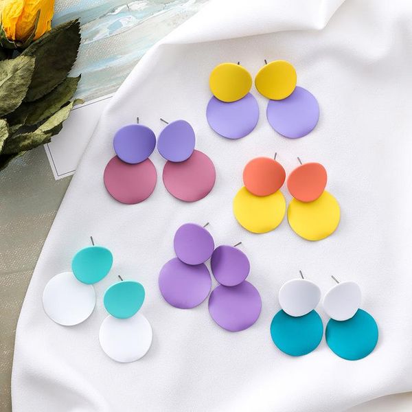 

dangle & chandelier design simple jewelry double round metal spray paint effect earrings color mixed statement for woman, Silver