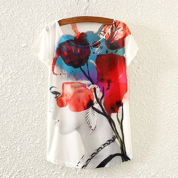 

summer new rose -shirt princess print little bat short sleeve -shirt loose women's fashion c6ewo, White