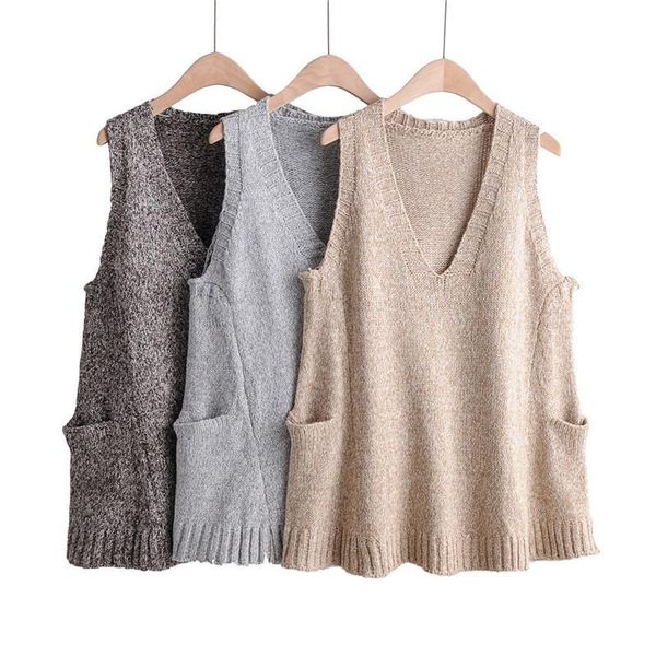 

women's vests vest style v-neck double pocket colored thread knitted women sweater knit, Black;white