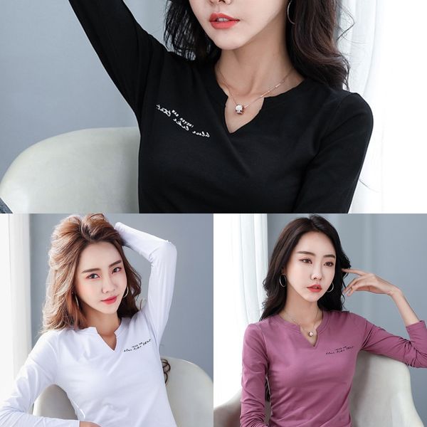 

чистый хлопок oezmn женщин дна в футболке осени v-neck 2020 новом тонком приступе с зимней длинным рукавом модой для женщин корейского t-руб, White