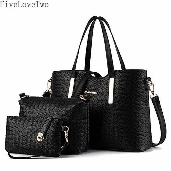 

fivelovetwo pu leather fashion handbag set shoulder bags totes weave design purse 3 pieces set for women black