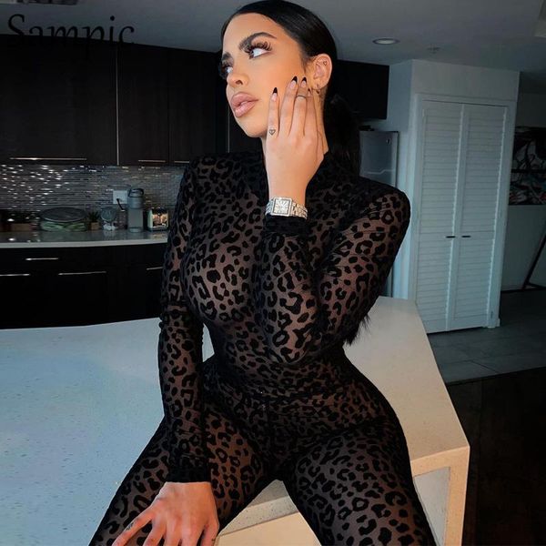 

sampic fashion black o neck long sleeve women leopard jumpsuits club skinny female rompers outwear playsuit autumn 2020, Black;white