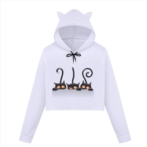 

womens cat cute sweatshirts harajuku hoodies crop kpop long sleeve kawaii cropped sweatshirt hooded pullover vetement femme, Black